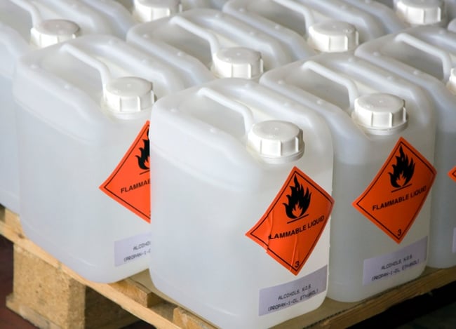 containers of flammable liquids on a pallet