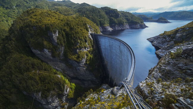 Hydro Tasmania dam aerial shot daytime