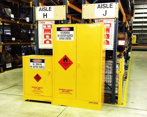 Cabinets for flammable liquids in warehouse
