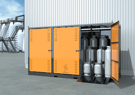 Storemasta gas store outside, with LPG and cylinders