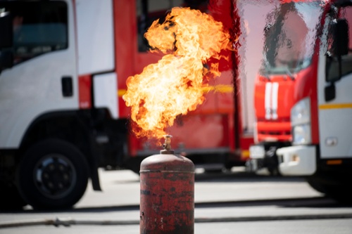 LP gas bottle on fire