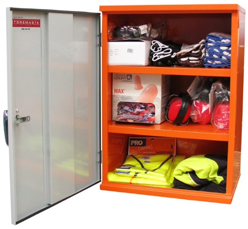 Opened cabinet storing neatly various types of personal protective equipment