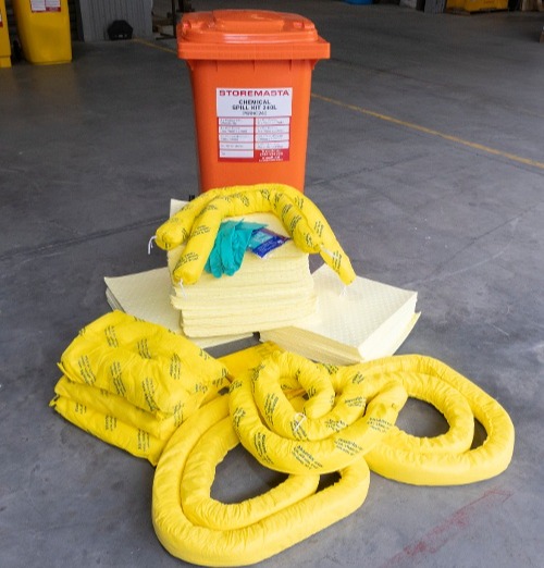 contents of a chemical spill kit placed on the ground at the factory