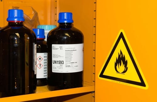 Chemical storage cabinet with bottles of hazardous substances
