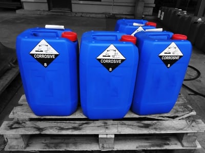 Corrosive Substances in blue containers, on a pallet