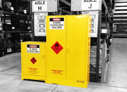 Two flammable storage cabinets in a warehouse