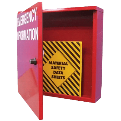 open red information cabinet with safety data sheets stored inside