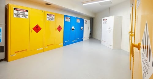 various chemical cabinets in a row, installed indoors