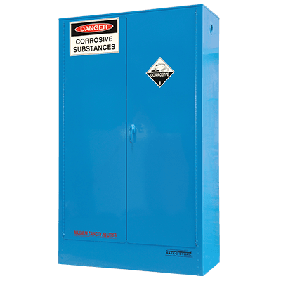 closed blue cabinet with corrosive substances caution sign