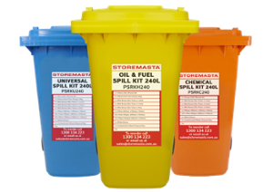 three types of spill kits in coloured bins